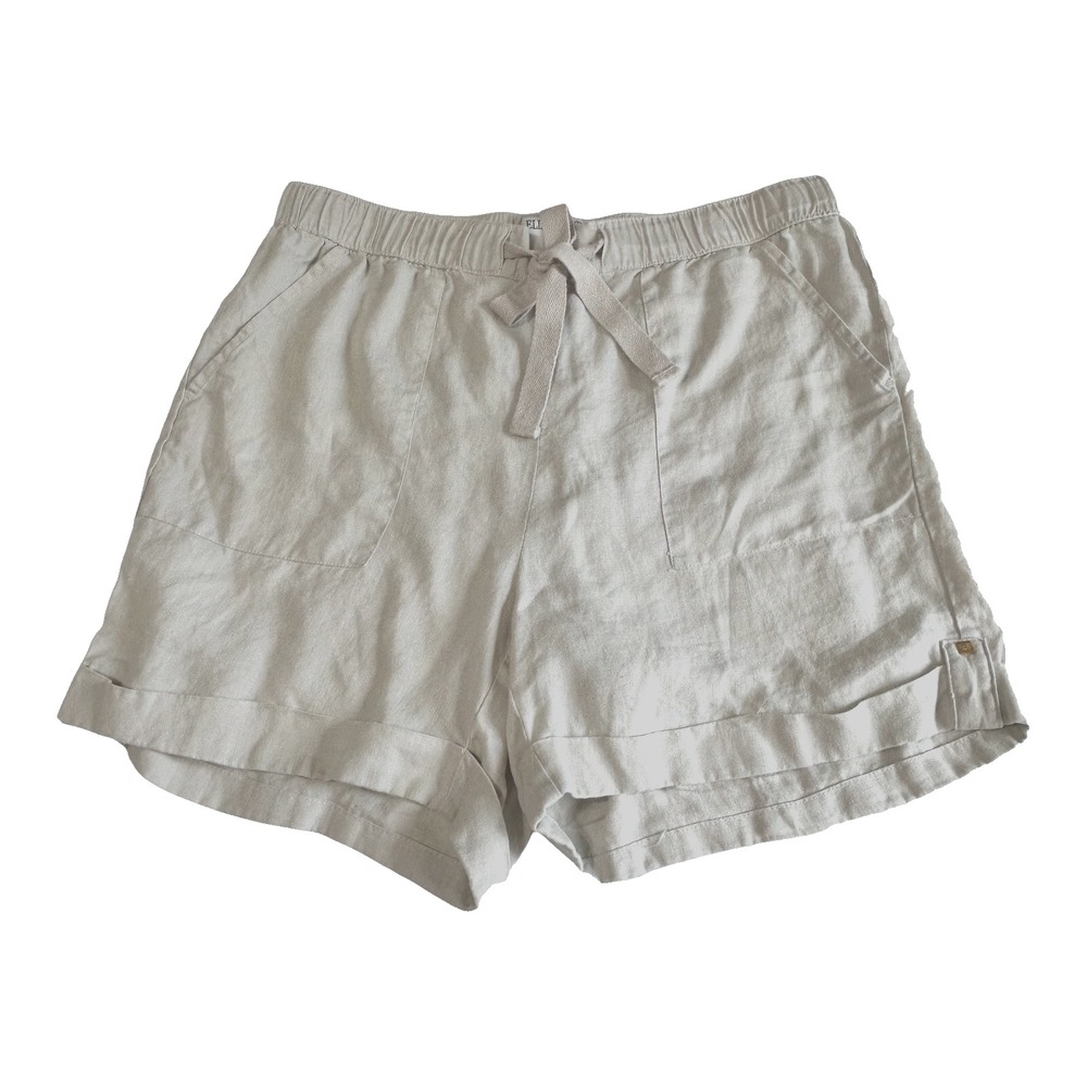 Ellen Tracy Women's 100% Linen Shorts M Beige Pockets 5" Inseam Drawstring Cuffs